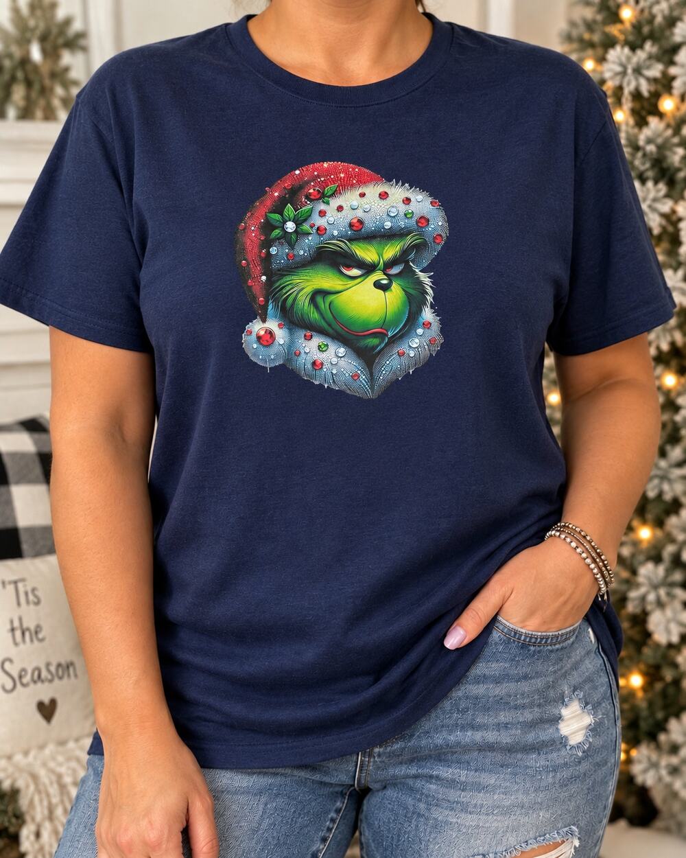 Anvil Large Dark Blue Grinch Christmas Custom Graphic T-Shirt